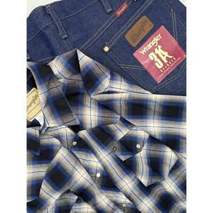 Wrangler 31 Sz 34x34 Relaxed Fit Rigid Jeans NWT & Plaid Pearl Snap Sz XL‎